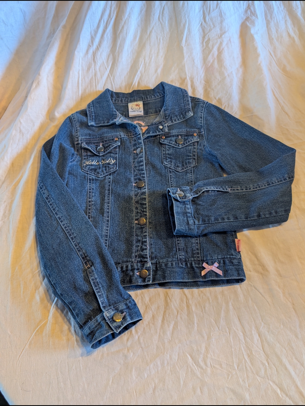 2/30$ Hello Kitty Blue Denim Jean Jacket with Pink Bow Accent